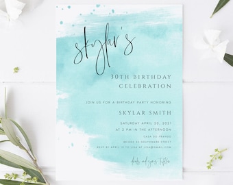 Turquoise Birthday Party Invitation, Printable Light Blue Watercolor Birthday Invitation, Boys Birthday Party Invite, Instant Download, #SKY