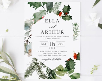 Winter Wedding Invitation, Printable Pine Wedding Invitation, Christmas, Holiday, Evergreen, Edit with Templett, Editable, DIY, #ELLA