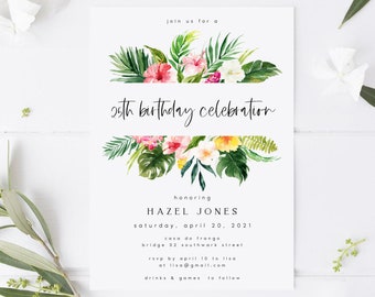 Tropical Birthday Party Invitation Template, Beach Birthday Party Invite, Greenery & Pink, Digital Download, Instant Download, Editable #HZL