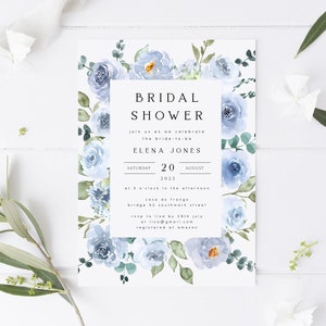 Bridal Shower Invitation Template Floral, Dusty Blue, Frame, Editable, Printable, Digital Download, Downloadable, DIY, Elegant, #ELENA