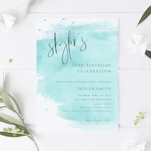 Convite para festa de aniversário turquesa, convite para aniversário em aquarela azul claro para impressão, convite para festa de aniversário de menino, download instantâneo, #SKY