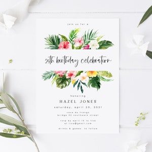 Tropical Birthday Party Invitation Template, Beach Birthday Party Invite, Greenery & Pink, Digital Download, Instant Download, Editable #HZL