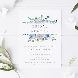Baby Blue Floral Bridal Shower Invitation Template, Eucalyptus, Frame, Editable, Digital Download, Minimalist, Watercolor, Printable, #AMY