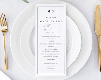 Minimalistische Hochzeits-Menü-Vorlage, moderne Schrift Hochzeit Abendessen Menü, bedruckbar, Digital Download, Empfang Abendessen Menü Bearbeitbar, DIY, #MDLN