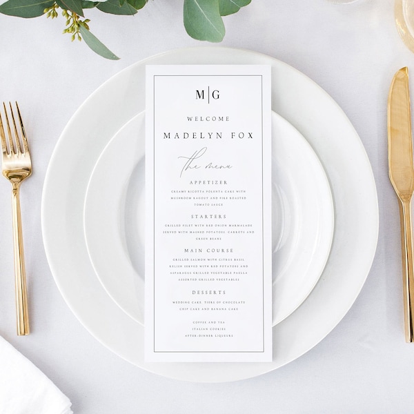 Modèle de Menu de mariage minimaliste, menu de dîner de mariage script moderne, imprimable, téléchargement numérique, menu de dîner de réception modifiable, DIY, #MDLN