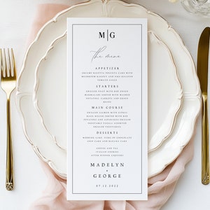 Gedrukte menu's, elegante trouwmenu's, menukaarten bruiloft, eenvoudige elegante hoge trouwmenu's, bedrukking op maat voor menu's, #MDLN