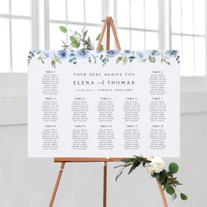Floral zitplaatsplan sjabloon, minimalistisch, bewerkbare Instant Download zitplaatsen grafiek, elegante, digitale download, stoffig blauw, DIY, #ELENA