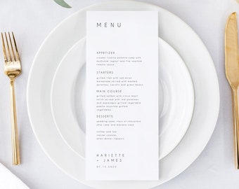Minimalistisch bruiloft menu sjabloon, bruiloft menu afdrukbaar, bewerken met TEMPLETT, moderne menukaart, afdrukbaar bruiloft menu, diner menu, #HARRT