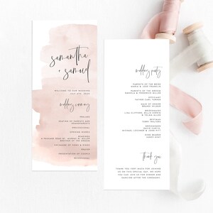 Vorlage für ein Hochzeitsprogramm in zartem Rosa, minimalistische Aquarell-Hochzeitskarten, Sofort-Download, Bearbeitung in Templett, SAMAN