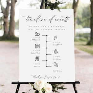 モダンなウェディングイベント順序タイムラインサインテンプレート、最小限のイベント順序ウェディングタイムラインサイン、印刷可能なタイムラインウェディングサイン、#ANTN
