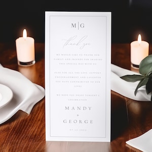 Monogramm Danke Platzkartenvorlage, Gedeck Danke, Hochzeit Dankeschön mit schwarzer Grenze Hochzeit Dankeschön Mahlzeit Karte Druckbar Bearbeitbarer Download, #MNDY