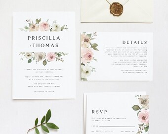 Pink Floral Wedding Invitation Set Template, Blush and Greenery Wedding Invite, RSVP, Details Card, Instant Download, 100% Editable, #PRIS