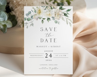 Modello di biglietto Save the Date in tela con fiori bianchi, download, invito di nozze digitale Save our Date minimalista con verde ed eucalipto, MARGOT4