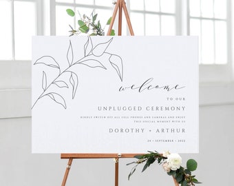 Botanical Unplugged Wedding Ceremony Sign, Fine Art Wedding Welcome Sign Template, Modern, Minimalist, 100% Editable, Templett, #DOROTHY