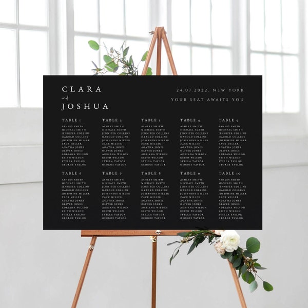 Schwarze Hochzeit Sitzplan Vorlage Digitaler Download, Elegante minimalistische Sitzplan Schilder, In Templett bearbeiten (Digitaler Download) BL69