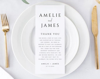 Modern Thank You Letter, Wedding Napkin Note, Wedding Menu Thank You Editable Template, Minimalist Place Setting Thank You, #AMELIE