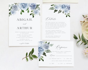 Blue Watercolor Wedding Invitation Set Template, Winter Floral Wedding Invite, Elegant Roses Pale Dusty Blue INSTANT DOWNLOAD Templett #ABGL
