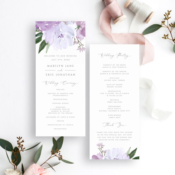 Modèle de programme de mariage lavande, floral lilas, DIY (téléchargement numérique) - LVN65S