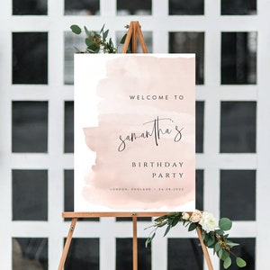 Blush Pink Birthday Welcome Sign Template, Printable Birthday Welcome Sign for Girls, Watercolor Blush Party Welcome Sign, Templett, #SAMAN