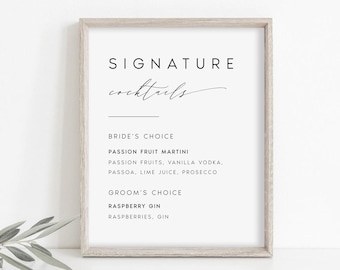 Modern Signature Cocktails Sign, Wedding Sign Printable, 5x7 and 8x10, Wedding Template, Minimalist Cocktail Sign, Edit with TEMPLETT, #KATE