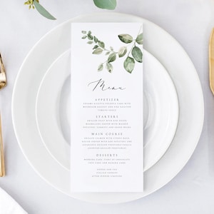 Plantilla de menú con vegetación, menú para fiesta en el jardín, menú para eventos con flores blancas y verdes, menú para bodas, diseño floral moderno y minimalista, descarga instantánea #AMB