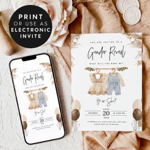 Plantilla editable de invitación para baby shower con revelación de género, con temática de oso, para niña y niño, estilo bohemio, en tonos marrón, azul y neutro, n.° 1001