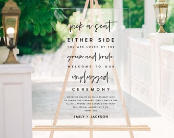 Acrylic Pick a Seat Unplugged Wedding Ceremony Sign, No Pictures No Photos Please, Modern Welcome Sign Template, Editable, Templett, #MN672R