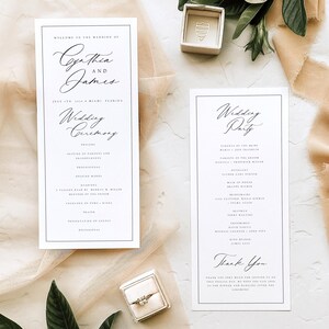 May include: Two white wedding ceremony cards with black text. The first card says "Welcome to the wedding of Cynthia and James" and lists the wedding ceremony details. The second card says "Wedding Party" and lists the names of the wedding party members.