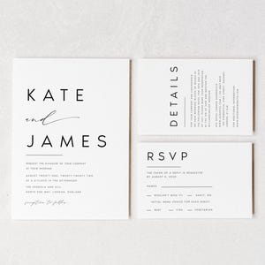 Zwart-wit trouwkaarten, modern bloklettertype witte bruiloftsuitnodiging met witte enveloppen, eenvoudige minimalistische uitnodigingen, #KATE