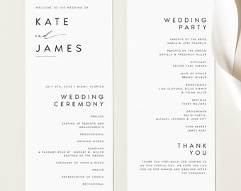 Modern Wedding Program Template, Minimalist Order of Service, Printable Ceremony, DIY Program Card, Instant Download, Editable Text, #KATE
