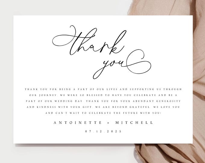 Script Thank You Card Template, Thank You Card Printable, Calligraphy ...