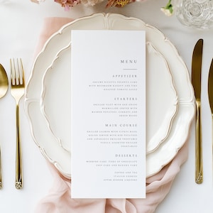 Menús de boda sencillos impresos, tarjeta de menú impresa minimalista moderna para recepción, menú de boda personalizado, tarjetas de menú de cena, menú tamaño DL #ANYA