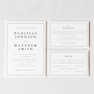 Eenvoudige trouwsuite en enveloppen, moderne huwelijksuitnodiging, gepersonaliseerde huwelijksuitnodigingen, minimalistisch, RSVP, kaart met details, uitnodigen, #DNLL