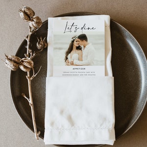 Szablon menu ślubnego ze zdjęciem, nowoczesne menu obiadowe do wydrukowania, minimalistyczne menu weselne, natychmiastowe pobieranie, do wydrukowania, edytowalne, zrób to sam, #ANNE