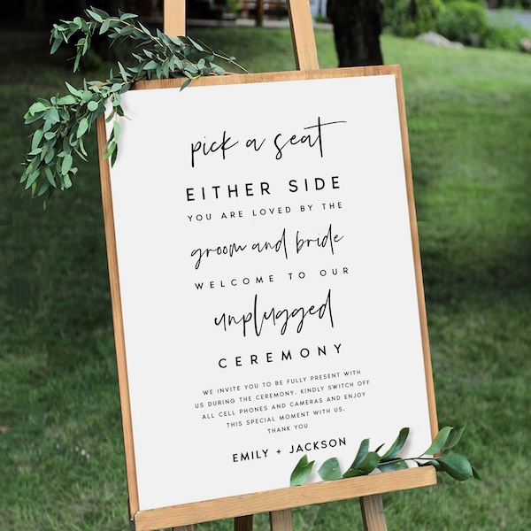 Pick a Seat Unplugged Wedding Ceremony Sign, No Pictures, No Photos Please, Wedding Welcome Sign Template 100% Editable, Templett, #MN672R