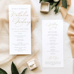 Modelo de programa de casamento com caligrafia dourada para imprimir, livreto de ordem de serviço clássico e elegante editável, cartão de cerimônia digital, faça você mesmo, #NTHA