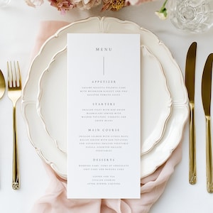 Menú de boda elegante personalizado, decoración de recepción moderna personalizada, tarjeta de menú minimalista simple, menú de cena impreso, mesa con cubiertos #ANYA