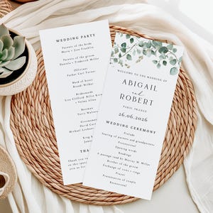 Greenery Hochzeitsprogramm Vorlage, elegante Eukalyptus Zeremonie Reiseplan, bearbeitbare Canva Printable, minimalistisch, ABIGAIL