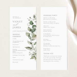 Eukalyptus-Hochzeitsprogramm-Vorlage: Minimalistischer Zeremonialplan (Digitaler Download, druckbares Canva bearbeitbares VIOLETT Design)