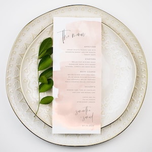 Szablon menu weselnego w akwareli, różowy, rumieniec, elegancki, NATYCHMIASTOWE POBIERANIE, karta menu kolacji do druku, tekst w 100% edytowalny, szablon, #SAMAN
