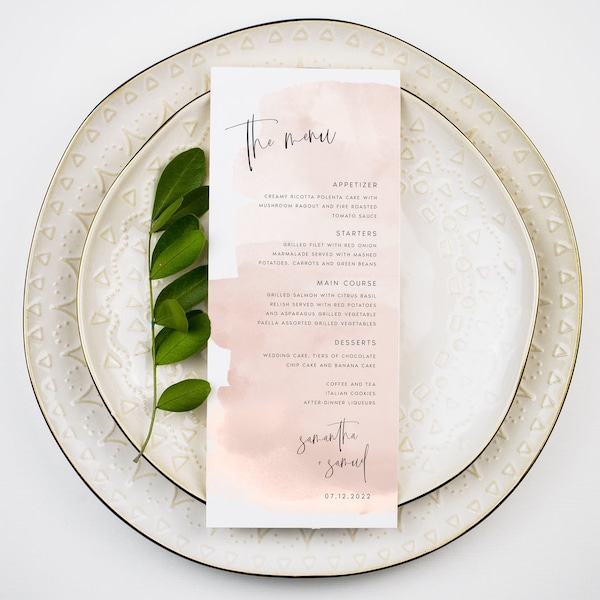 Modèle de menu de mariage à l’aquarelle, rose, blush, élégant, TÉLÉCHARGEMENT INSTANTANÉ, carte de menu de dîner imprimable, texte 100% modifiable, Templett, #SAMAN