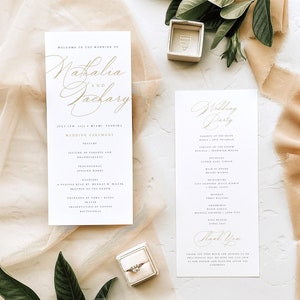 Modello di programma di matrimonio calligrafico stampabile in oro, libretto di servizio elegante e classico modificabile, biglietto di auguri digitale per la cerimonia, fai da te, #NTHA