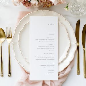 Menús de boda simples y elegantes impresos, tarjeta de menú impresa minimalista moderna para bodas, menú de boda personalizado, tarjetas de menú de cena, #ANYA