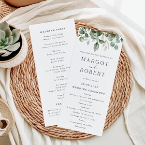 Grüne Hochzeitsprogrammkarten, eleganter Ablaufplan für eine grüne Zeremonie mit Blumen, gedruckte Programmhefte mit Eukalyptus-Blumenmuster, MARGOT2