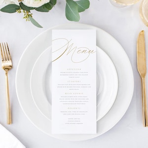 Modèle de menu de mariage doré à télécharger, cartes de menu bricolage, élégant, script, menus de mariage, minimaliste, moderne, menu du dîner téléchargement immédiat, #NTHA