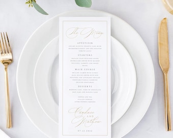 ミニマリストなウェディングメニューテンプレート、ゴールドスクリプトウェディングディナーメニュー、印刷可能、デジタルダウンロード、レセプションディナーメニュー編集可能、DIY、#CNDC
