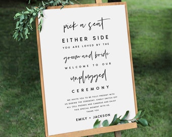 Pick a Seat Unplugged Wedding Ceremony Sign, No Pictures, No Photos Please, Wedding Welcome Sign Template 100% Editable, Templett, #MN672R