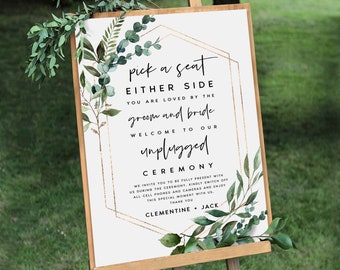 Rustic Pick a Seat Unplugged Wedding Ceremony Sign, No Pictures No Photos Please, Wedding Welcome Sign Template, Editable, Templett, #CLEMEN
