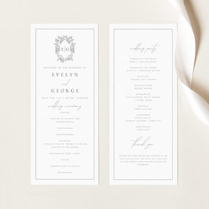 Plantilla de programa de boda con escudo, Orden de servicio con monograma minimalista, Ceremonia imprimible, Tarjeta de programa DIY, Descarga instantánea, Editable, #EVE