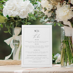 Elegante Hochzeits-Bar-Menü-Vorlage, 8x10 minimalistische Bar-Karte, Hochzeitsschild Templett Hochzeitsgetränk Schild Druckbare Vorlage EDITIERBAR, #MDLN